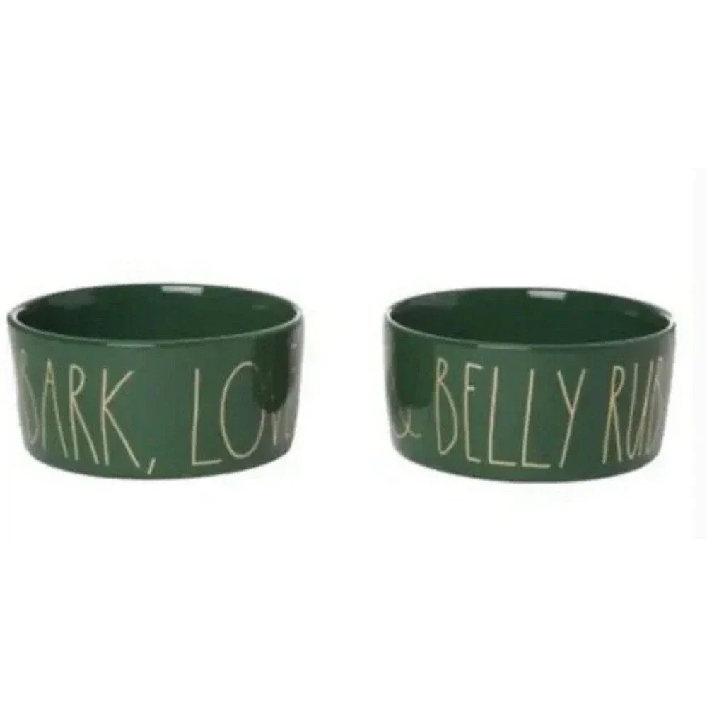 Rae Dunn (Set Of 2) Ceramic Dog Bowls (Bark Love and Belly Rubs)
